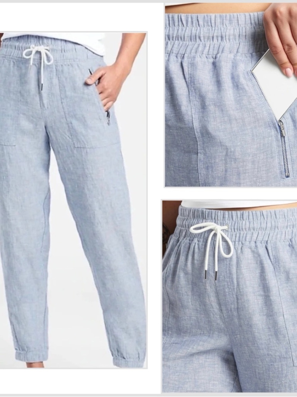 Athleta Cabo Linen Blue Textured Linen Jogger Pants Striped Drawstring Size 4